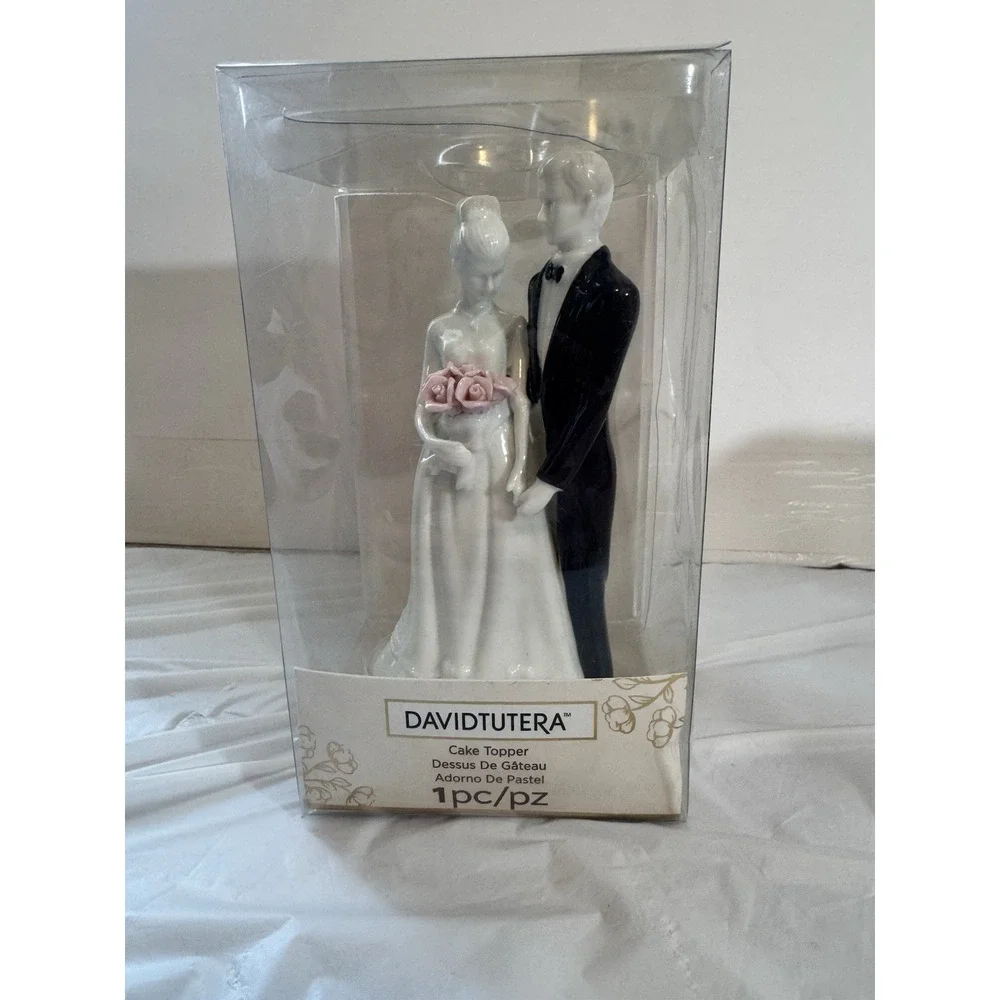 David Tutera Bride And Groom Wedding Cake Topper Ceramic Pink Rose Bouquet NEW